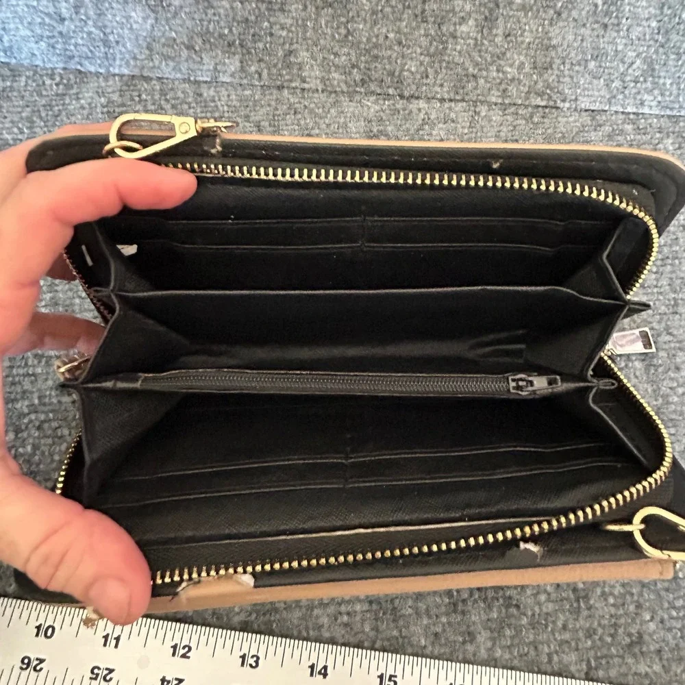 Tan Faux Leather Wallet on a Chain Crossbody Bag Gold Tone Hardware Organizer